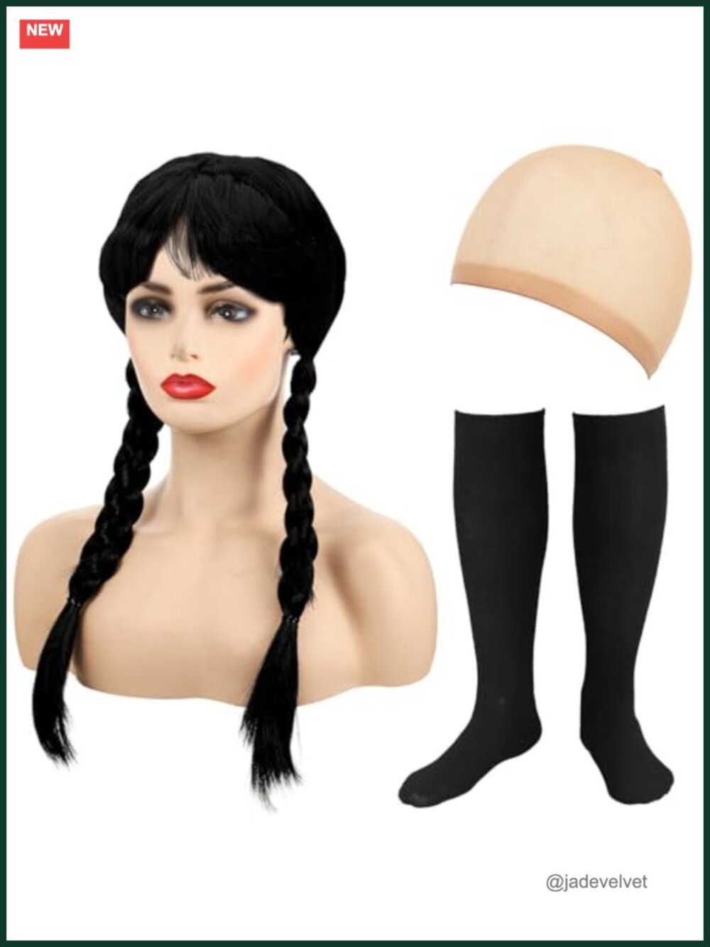 Halloween Costume Set Long Black Braided Wig Striped Socks Hat 3 Pc